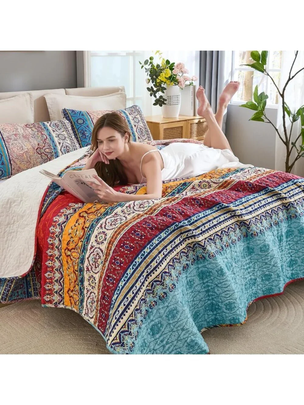 Boho Queen Quilt Set - Colorful Striped Bedding, Lightweight Microfiber, 3